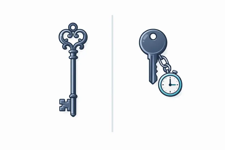 Two key icons side by side, one ornate and one simple with a clock