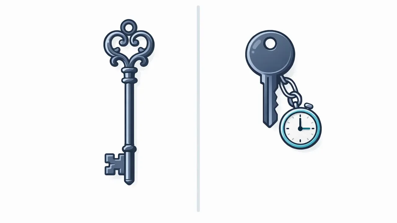 Two key icons side by side, one ornate and one simple with a clock