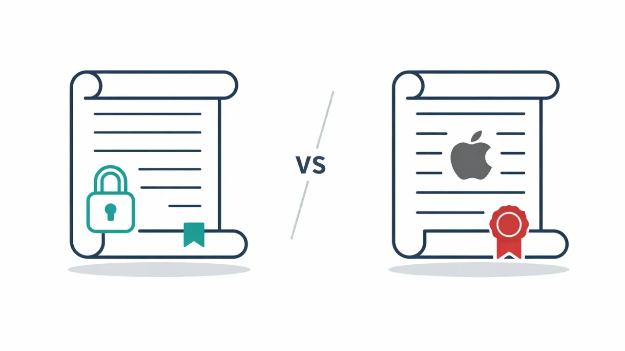 An Apple logo and a vault icon side by side with a shield between them