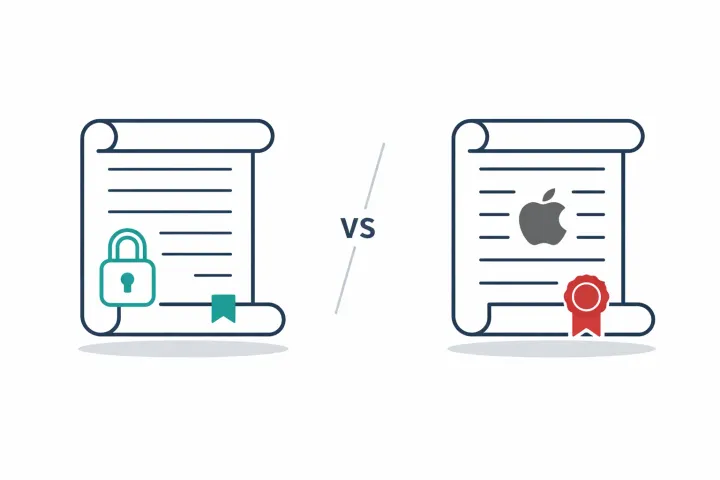 An Apple logo and a vault icon side by side with a shield between them
