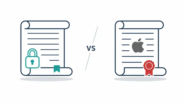 An Apple logo and a vault icon side by side with a shield between them