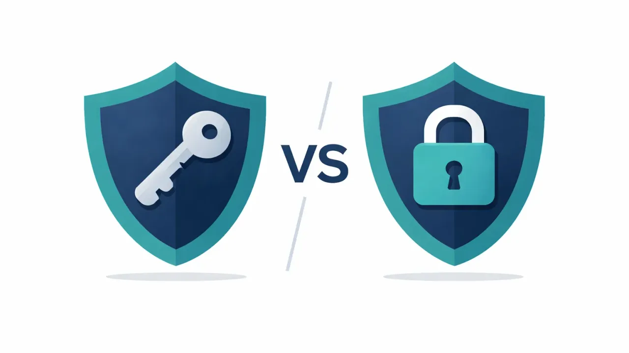 Two shields facing each other, one with a key, one with a lock