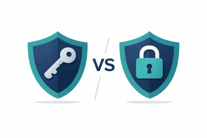 Two shields facing each other, one with a key, one with a lock