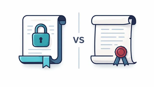 Two document icons side by side, one with a digital lock, one with a paper seal