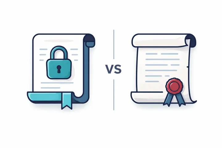 Two document icons side by side, one with a digital lock, one with a paper seal