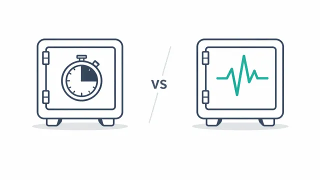 Two shield icons side by side, one with a heartbeat line and one with a timer
