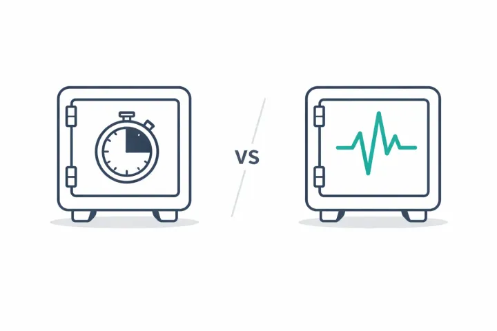 Two shield icons side by side, one with a heartbeat line and one with a timer