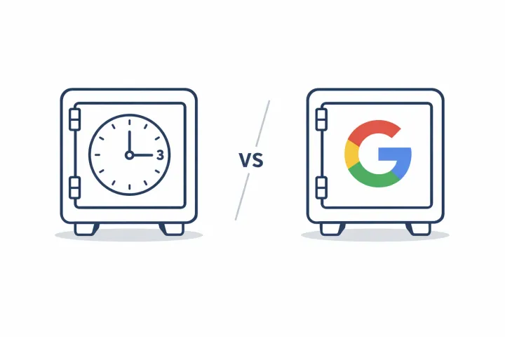 A Google logo and a key icon side by side with a timer between them