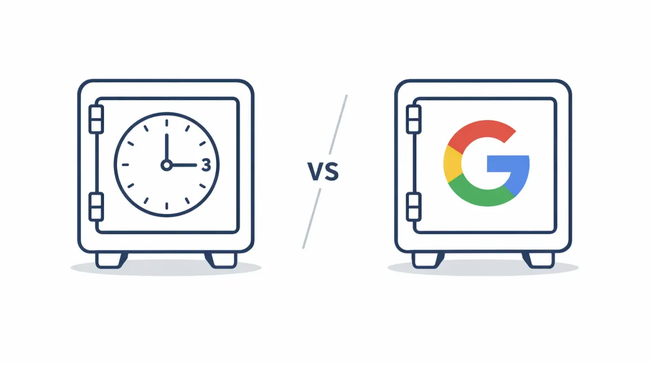A Google logo and a key icon side by side with a timer between them