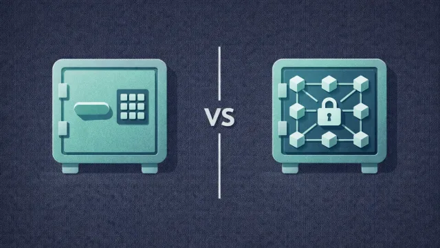 Two vault icons side by side, one modern and one with a blockchain pattern