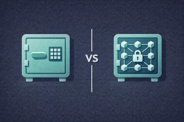 Two vault icons side by side, one modern and one with a blockchain pattern