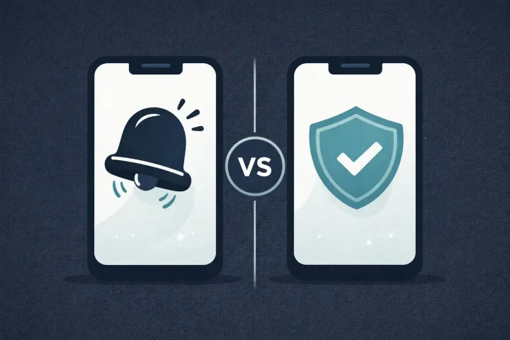 Two mobile phones side by side, one with a ringing bell, one with a calm shield