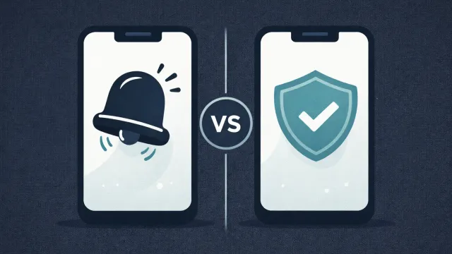Two mobile phones side by side, one with a ringing bell, one with a calm shield