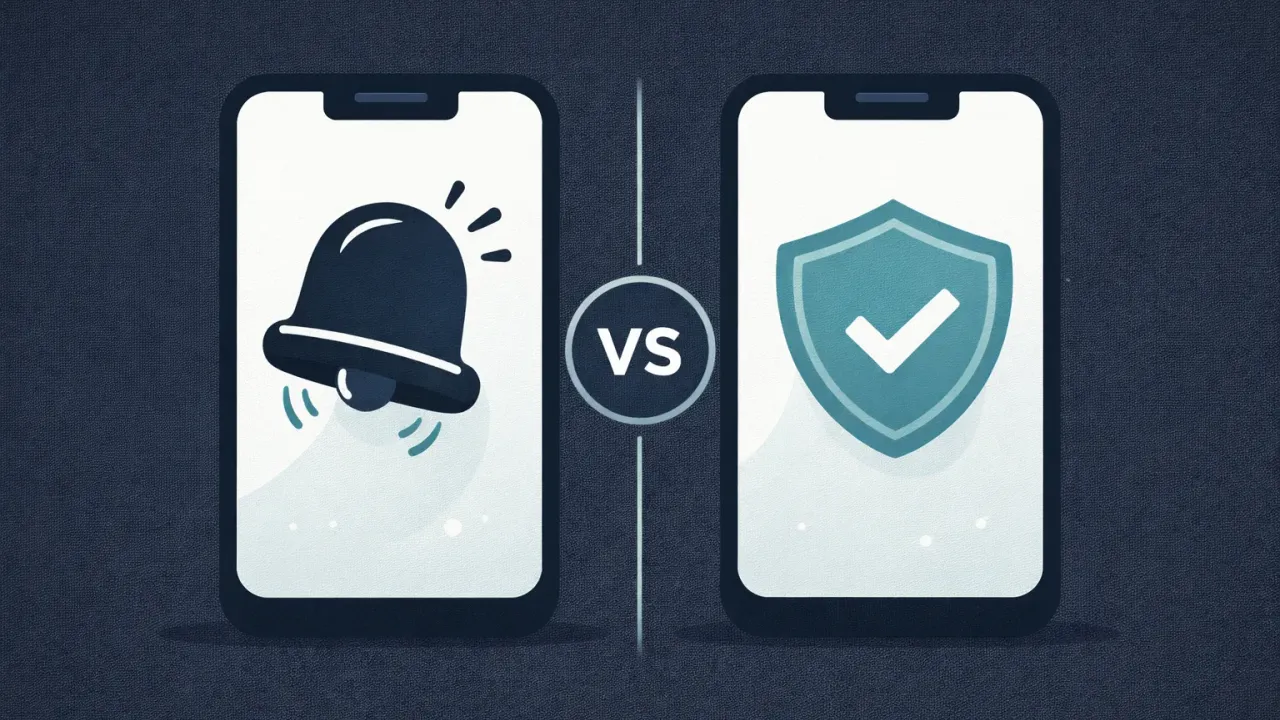 Two mobile phones side by side, one with a ringing bell, one with a calm shield