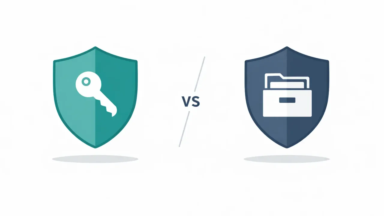 A folder icon and a lock icon side by side representing organizing versus encrypted sharing