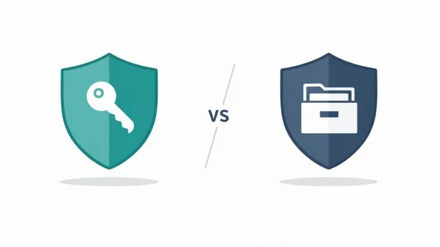 A folder icon and a lock icon side by side representing organizing versus encrypted sharing