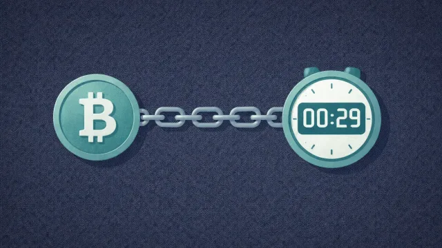 A crypto coin connected to a countdown timer by a chain