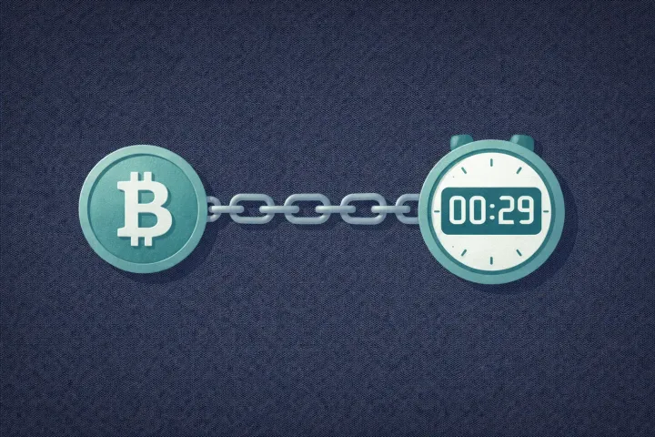 A crypto coin connected to a countdown timer by a chain