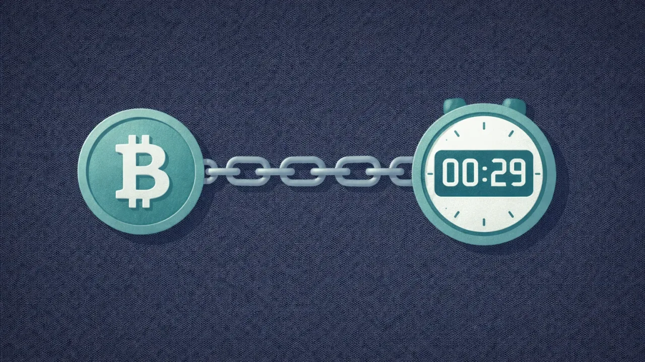 A crypto coin connected to a countdown timer by a chain