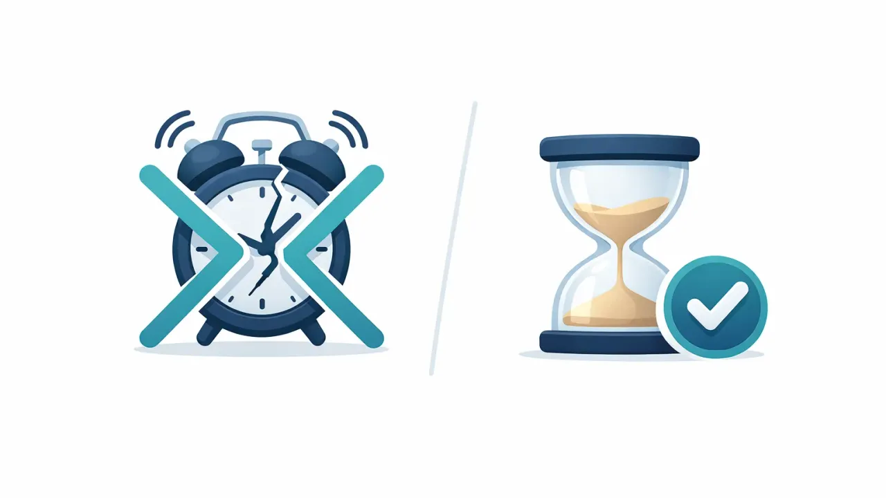 An alarm clock with an X next to a calm hourglass with a checkmark