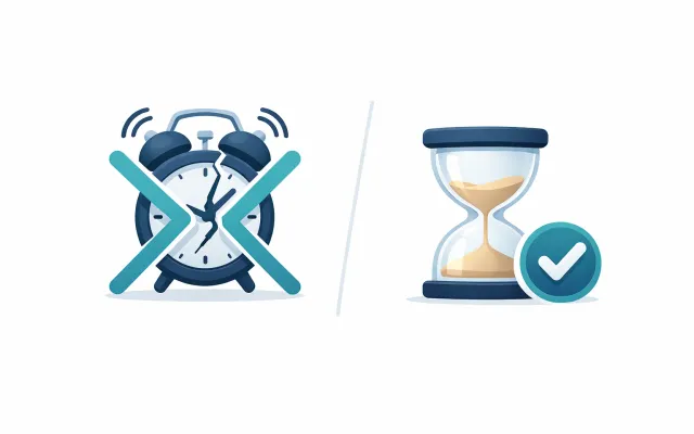 An alarm clock with an X next to a calm hourglass with a checkmark
