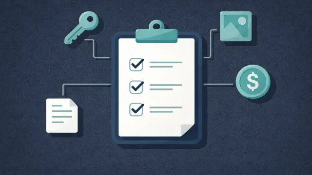 A checkbox list with checkmarks next to a vault icon and a hovering pencil