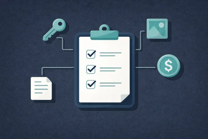 A checkbox list with checkmarks next to a vault icon and a hovering pencil