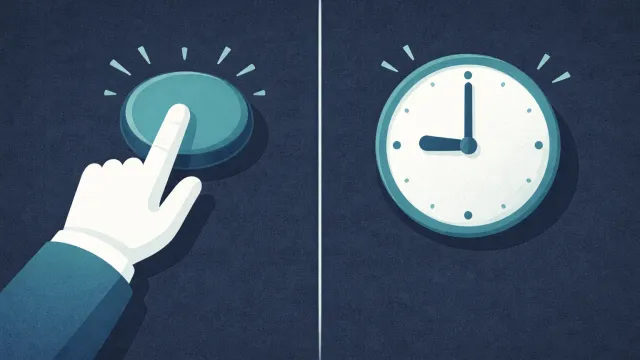 Split image: a hand pressing a button on the left, a ticking clock with nobody on the right