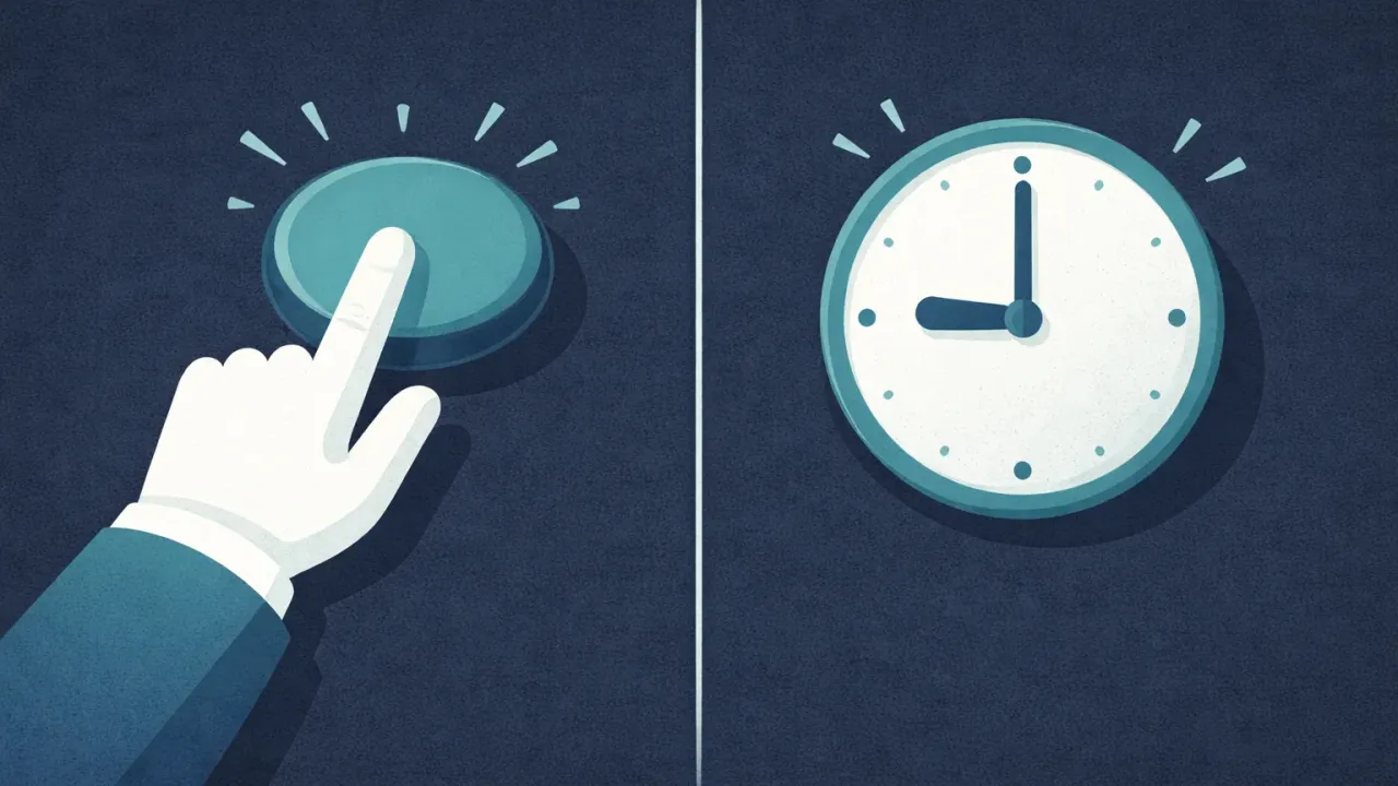 Split image: a hand pressing a button on the left, a ticking clock with nobody on the right