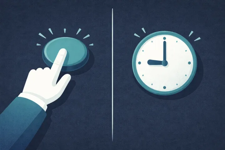 Split image: a hand pressing a button on the left, a ticking clock with nobody on the right