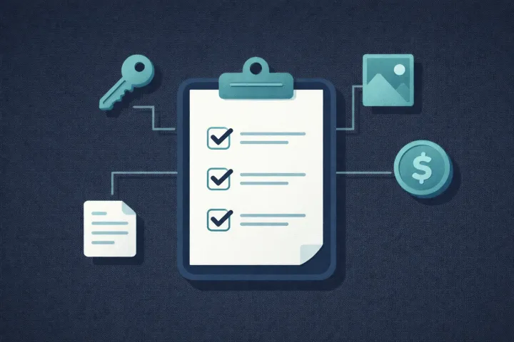 A checklist surrounded by floating key, document, photo, and coin icons