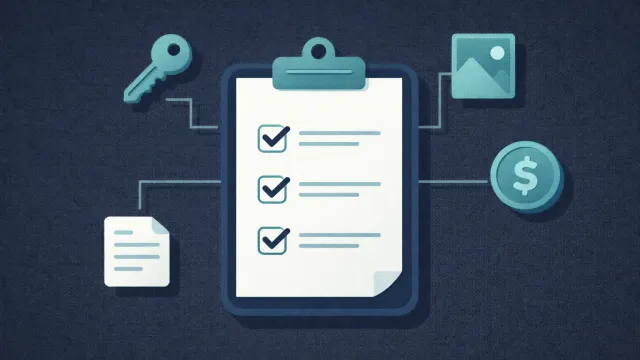 A checklist surrounded by floating key, document, photo, and coin icons