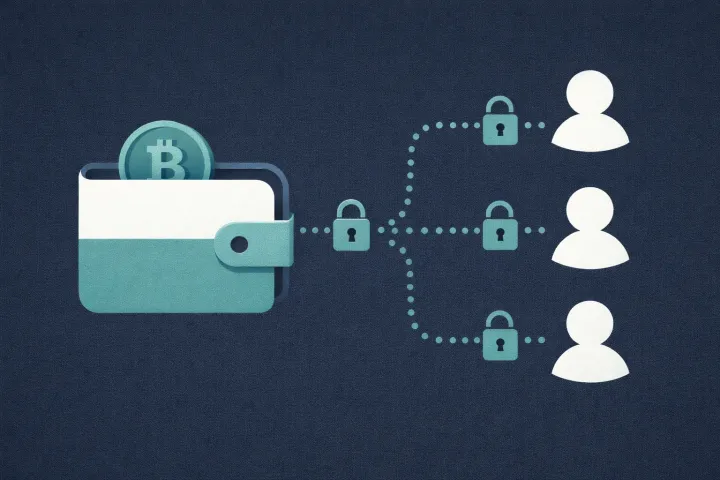 A crypto wallet with locked dotted lines extending to person silhouettes