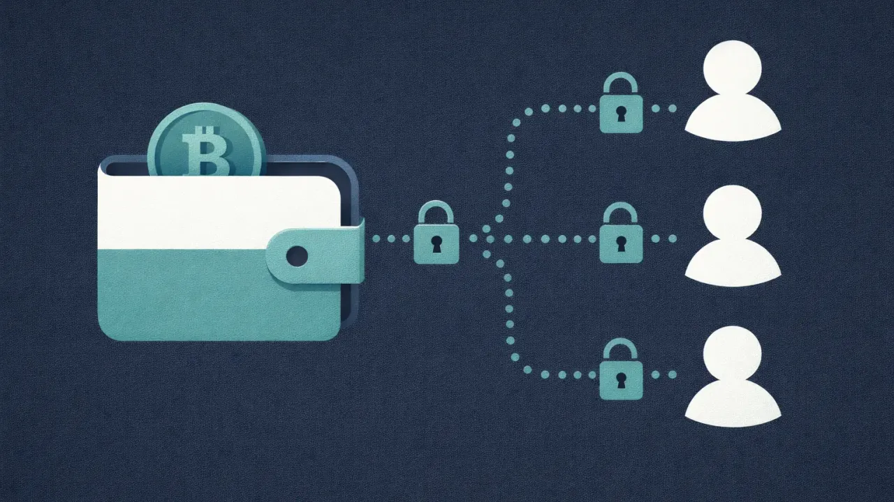 A crypto wallet with locked dotted lines extending to person silhouettes