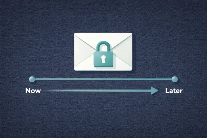 A sealed envelope with a lock on a timeline from now to later