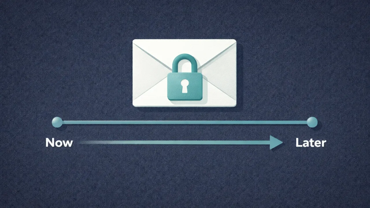 A sealed envelope with a lock on a timeline from now to later