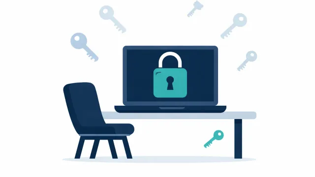 A closed laptop with a padlock on screen, surrounded by fading key icons