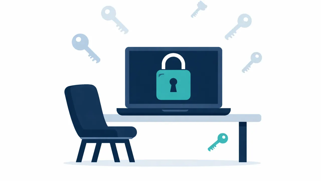 A closed laptop with a padlock on screen, surrounded by fading key icons