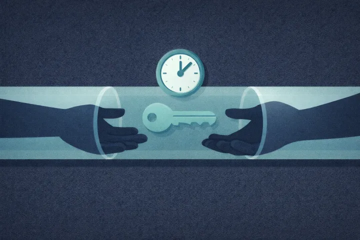 A key being passed between hand silhouettes through a tunnel with a timer