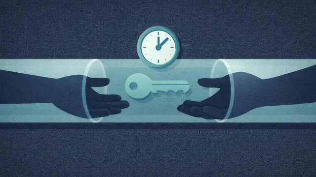 A key being passed between hand silhouettes through a tunnel with a timer