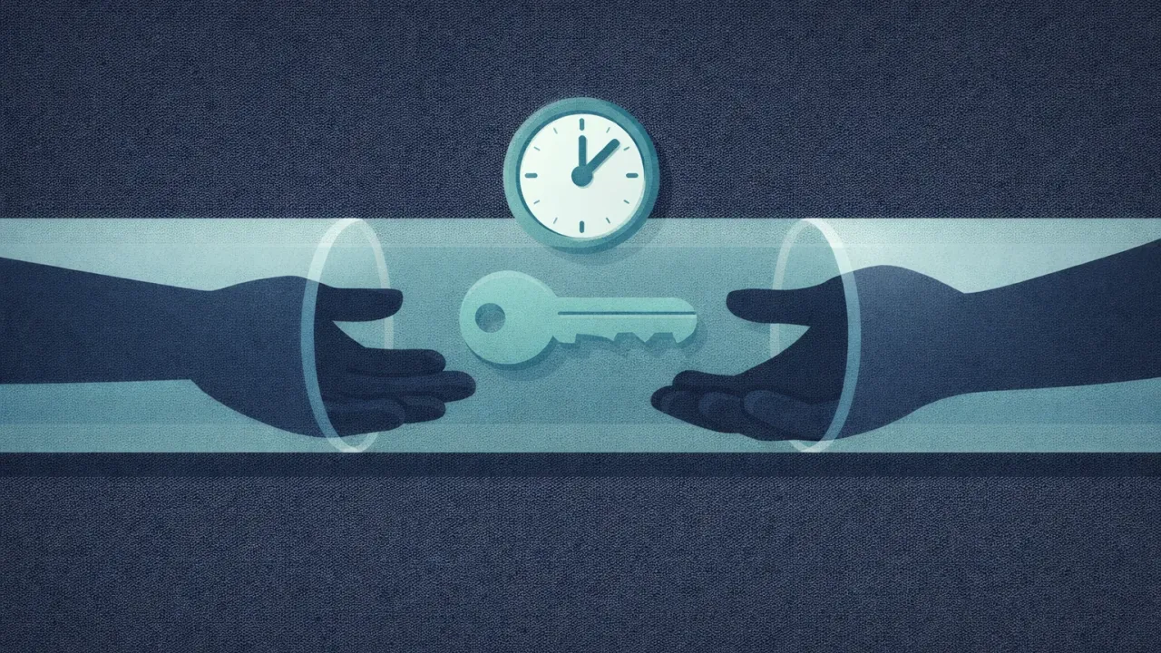A key being passed between hand silhouettes through a tunnel with a timer