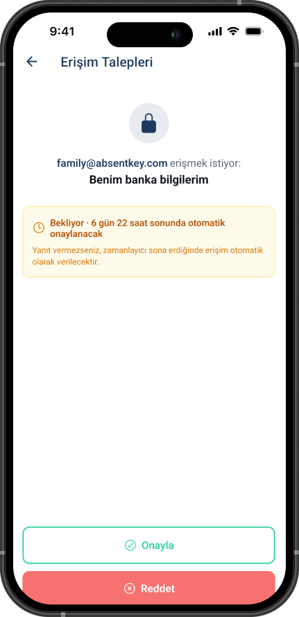 AbsentKey uygulamasında banka parolası için bekleyen erişim talebi ekranı